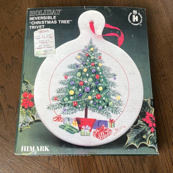 Vintage Christmas Trivet Ceramic Reversible Porcelain Holiday Saltera Himark Box - Picture 3 of 10